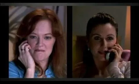 [left] A woman with brown hair talking on a phone. [right] A woman with brown hair smiling while talking on the phone.